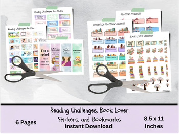 Preview of Printable Reading Challenge Stickers for Kids and Adults, Cute Printable Bookmar