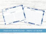 Printable Recipe Card - Blue Flowers Floral Watercolor - B