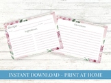 Printable Recipe Card - Floral Pink Watercolor - Blank Rec