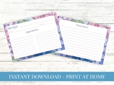 Printable Recipe Card - Hydrangea Flower Watercolor - Blan