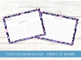 Printable Recipe Card - Purple Floral Watercolor - Blank R