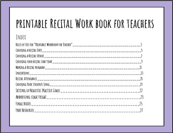 Preview of Printable Recital Workbook for Teachers Step by Step workbook for studio recital