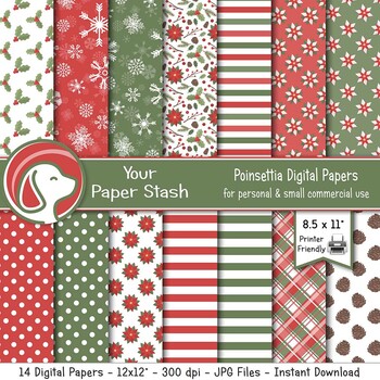 Printable Red Green Christmas Poinsettia Pine Cone Snowflake Holly Paper