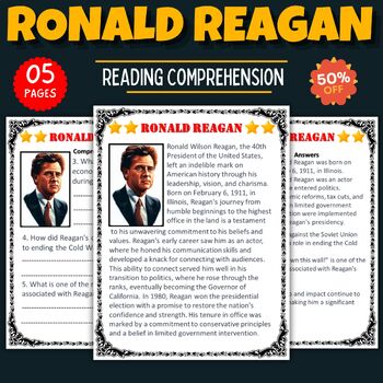 Preview of Printable Ronald Reagan Reading Comprehension Worksheet 1980s Eighties