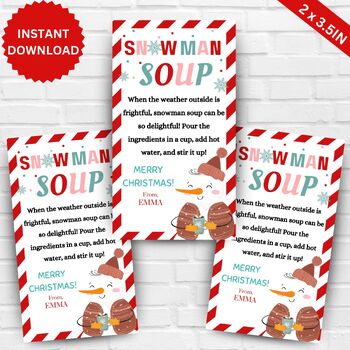 Printable Snowman Soup Bag Toppers, Christmas & Winter Holiday Party Favors