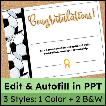 Preview of Printable Soccer Awards Certificates - Edit the Template & Autofill Names in PPT