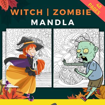 Preview of Printable Spooky Horror Witch & Zombie Mandala Coloring Pages October Activities