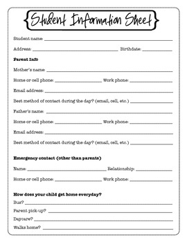 Preview of Printable Student Information Sheet (Parent/Emergency Contact)