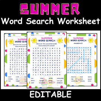 Preview of Printable Summer Word Search Worksheet | Editable End Of Year