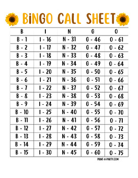 Printable Sunflower Bingo Set 40 Cards and call sheets by MelissaBeeDesigns