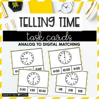 Preview of Telling Time Task Cards: Analog to Digital Match