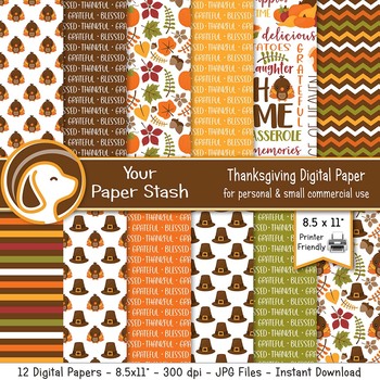 Preview of Printable Thanksgiving Digital Scrapbook Papers Turkey Pilgrim Hats Pumpkins