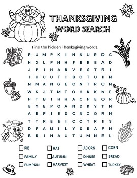Printable Thanksgiving Placemat, Thanksgiving Word Search & Coloring Page