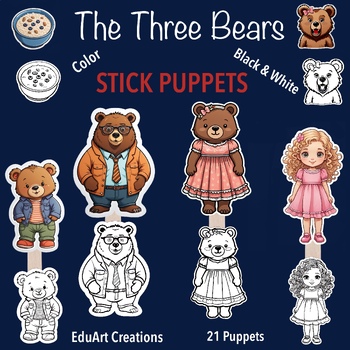 Preview of Goldilocks and The Three Bears TEACHER STICK PUPPETS story telling, color & B&W