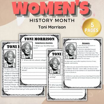 Preview of Printable Toni Morrison Reading Comprehension Women's History Month