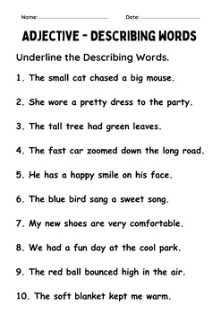 Preview of Printable Underline the Describing Words Worksheet for Grade 1