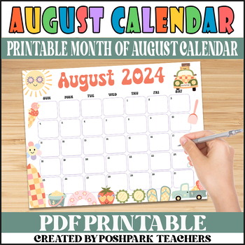 Printable Vintage Style Summer August 2024 Calendar | PDF Cute Retro ...