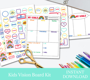 Kids Vision Board Printable Kit, Kids Goal Board, EDITABLE Canva Template,  BASIC Vision Board Kit, Kids New Year Resolution 