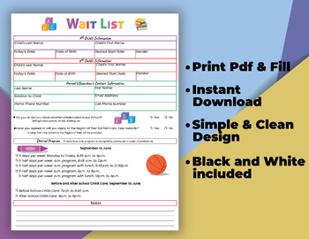 Preview of Printable Wait List Request Form For Daycare, Child Care, Preschool Enrollment.