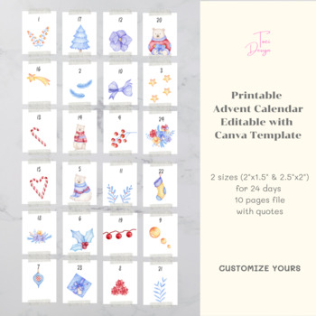 Preview of Printable Watercolor Christmas Advent Calendar with Quote [Canva Template]