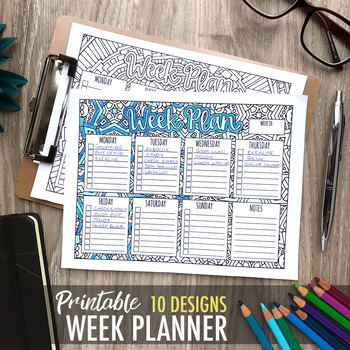 Preview of Printable Week Planner with 10 designs to color | 8.5x11" Printable PDF