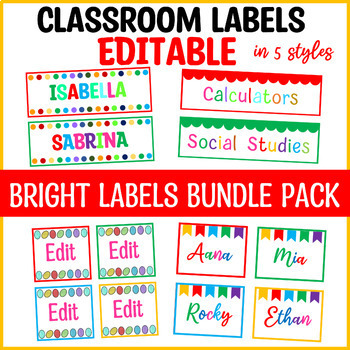 Preview of Printable White and Bright Labels, Editable Classroom Labels, Name tags, Decor