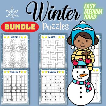 Preview of Printable Winter Easy Medium Hard Puzzles With Solution - Fun Games - Big Bundle