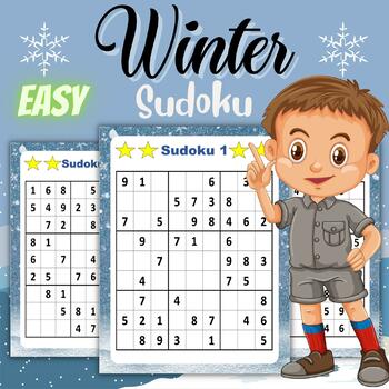 Preview of Printable Winter Easy Sudoku Puzzles With Solutions Fun Winter Activities Games