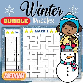 Preview of Printable Winter Medium Puzzles With Solution Fun Winter Games Activities Bundle
