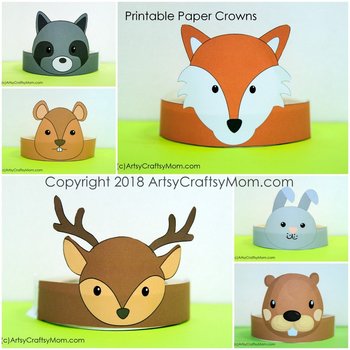 Preview of Woodland Animals Printable Paper Crowns  - Color + Black & white version