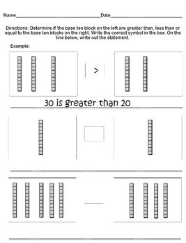 Printable Worksheets Greater Than Less Than or Equal to Base 10 Blocks 10s