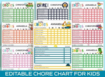 Preview of Printable and Editable Chore Chart for 6 Year Old: Making Daily Tasks Fun & Easy