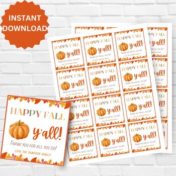 Preview of Printable autumn gift tags, Happy Fall Ya'll Tag Printable Appreciation Gift Tag