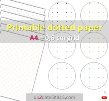 Preview of Printable dot paper 0.6 cm ≈ 0.24'' grid 6 dot colors A4-size pages