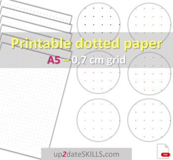 Preview of Printable dot paper 0.7 cm ≈ 0.28'' grid 6 dot colors A5-size pages