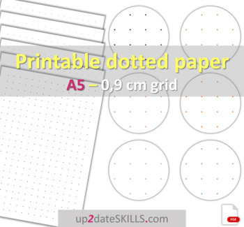 Preview of Printable dot paper 0.9 cm ≈ 0.35'' grid 6 dot colors A5-size pages