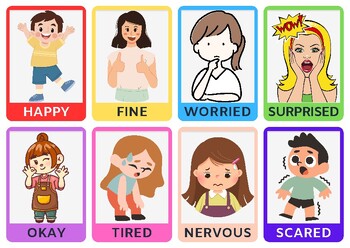 Printable flashcards to study emotions with cartoons and emojis.