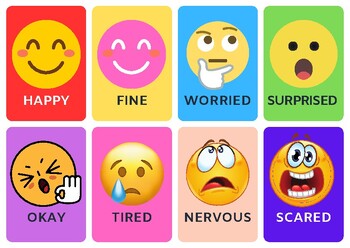 Printable flashcards to study emotions with cartoons and emojis.