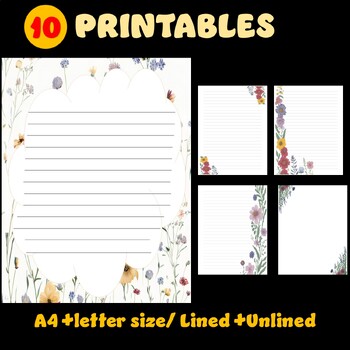 Preview of Printable floral stationery, digital download, writing paper 10 flower designs.