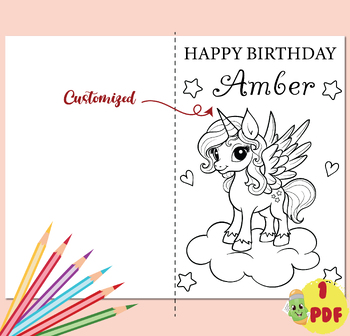 Preview of Printable happy birthday card coloring pages, personalized card, unicorn card