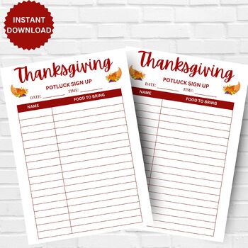 Preview of Printable thanksgiving potluck sign up sheet For Holiday Potluck Party