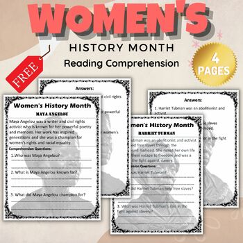 Preview of Printable women's history month Reading comprehension With Answers - FREEBIE