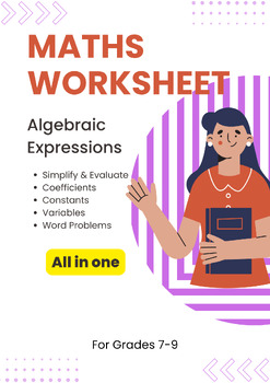 Preview of Printable worksheet on Math Algebraic Expressions for Grade 7,8,9.