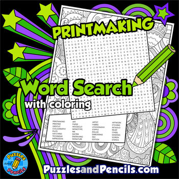 Preview of Printmaking Word Search Puzzle with Coloring Activity Page | Art Wordsearch