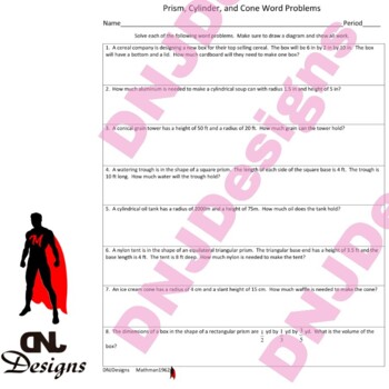 Preview of Prisms-Cylinders-Cones Word Problems Handout/Printable/Worksheet