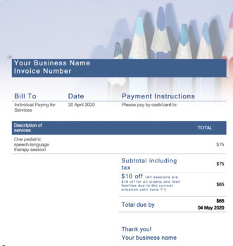 Preview of Private Pay Speech Therapy Invoice Template