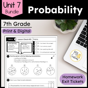 Preview of 7th Grade Probability Activities, Worksheets & Exit Tickets Unit 7 iReady Math