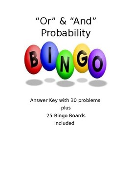 Preview of Probability Bingo with 25 Pre-Filled Boards! "And or Or" Compound Events!