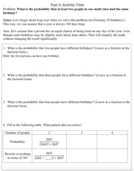 Preview of Probability-Birthday Problem Activity (Pre-calculus)