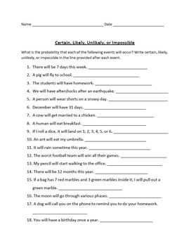 Preview of Probability: Certainly, Likely, Unlikely, or Impossible Worksheet